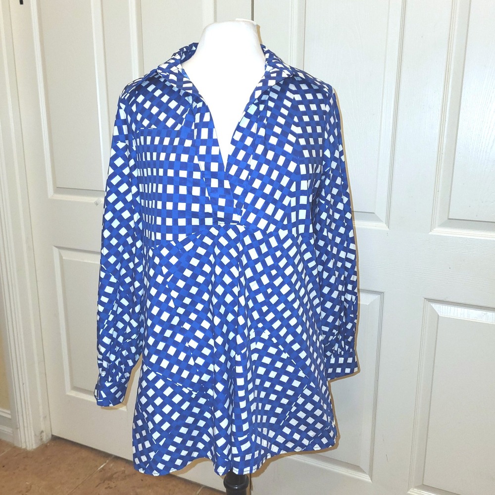 Corie Lynn Calter Anthropologie Sea Blue Checked Lagenlook Shadi Tunic / Dress S - Picture 2 of 8